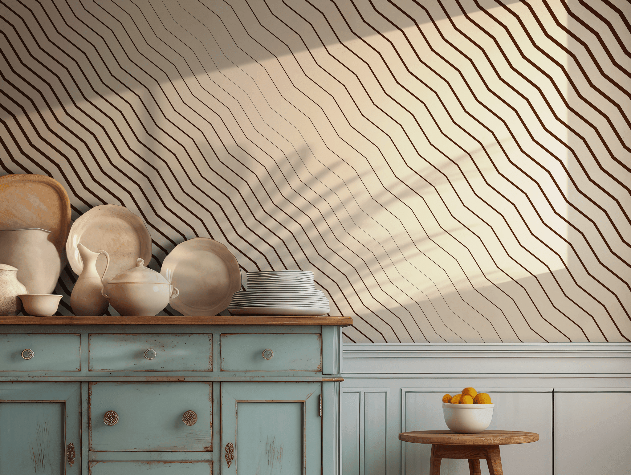 Brown and Beige Wavy Wall Mural - Peel and Stick Temporary Wallpaper - Line Geometric Flow Contemporary BV348