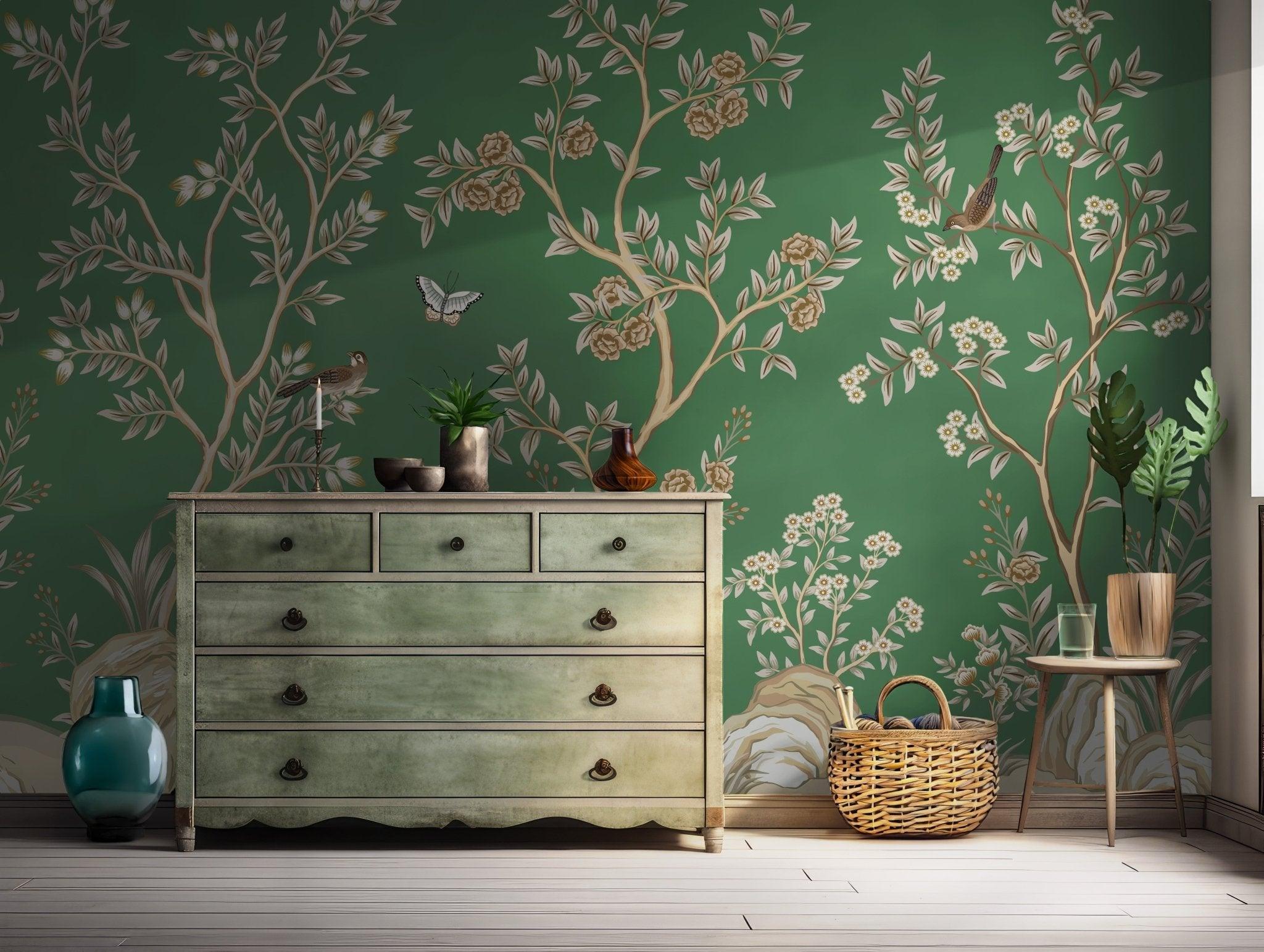 Peel and Stick Wall Mural - Wallpaper Featuring Green Yellow Birds and Butterflies in Forest BV197