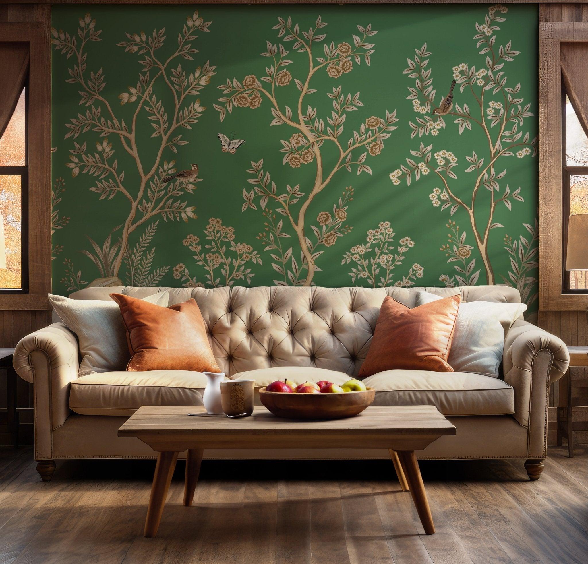 Peel and Stick Wall Mural - Wallpaper Featuring Green Yellow Birds and Butterflies in Forest BV197