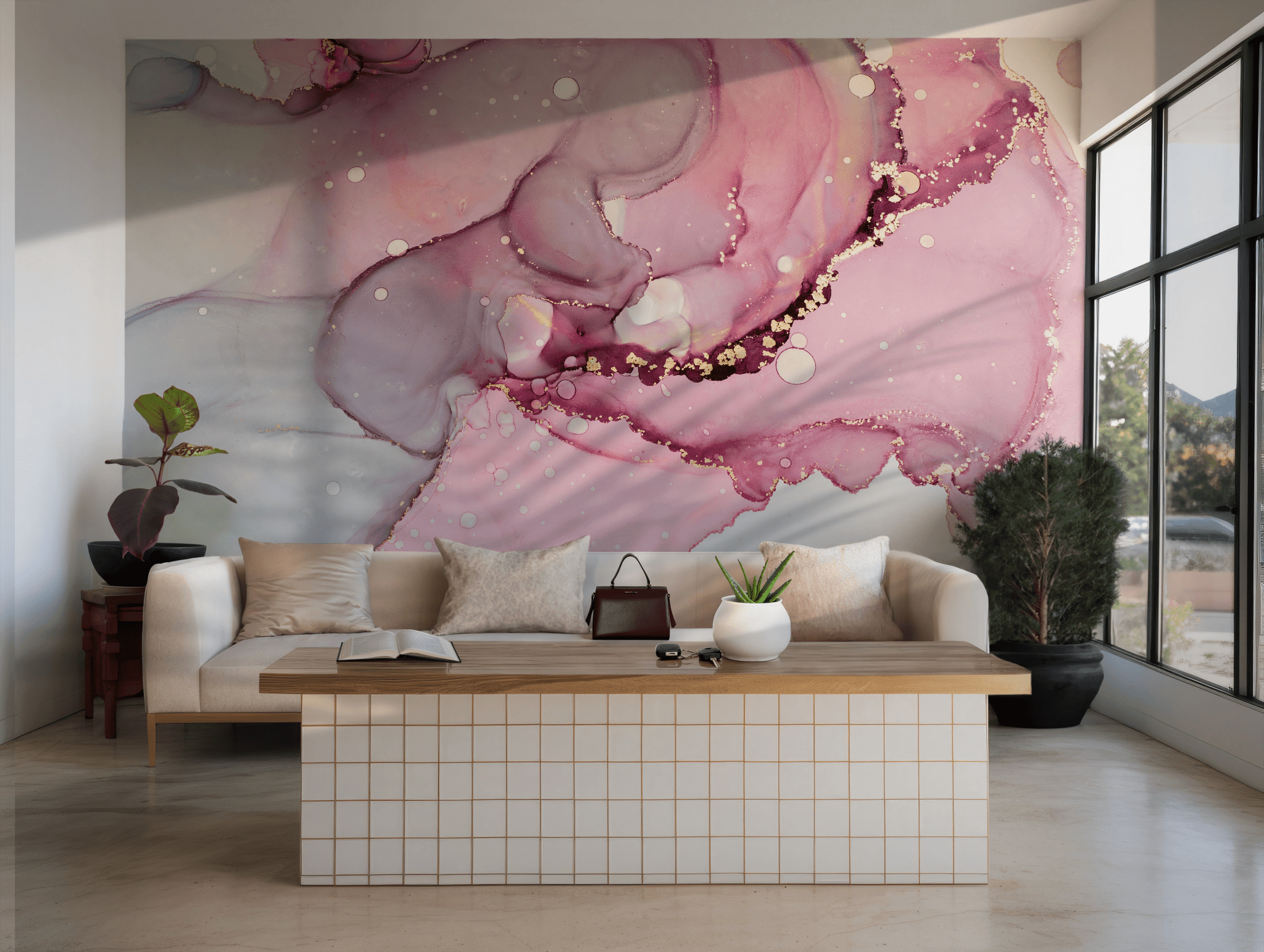 Pink Gold Fluid Wallpaper - Temporary Peel and Stick Wall Mural - Blush Violet Metallic Marble Ink Art BV324