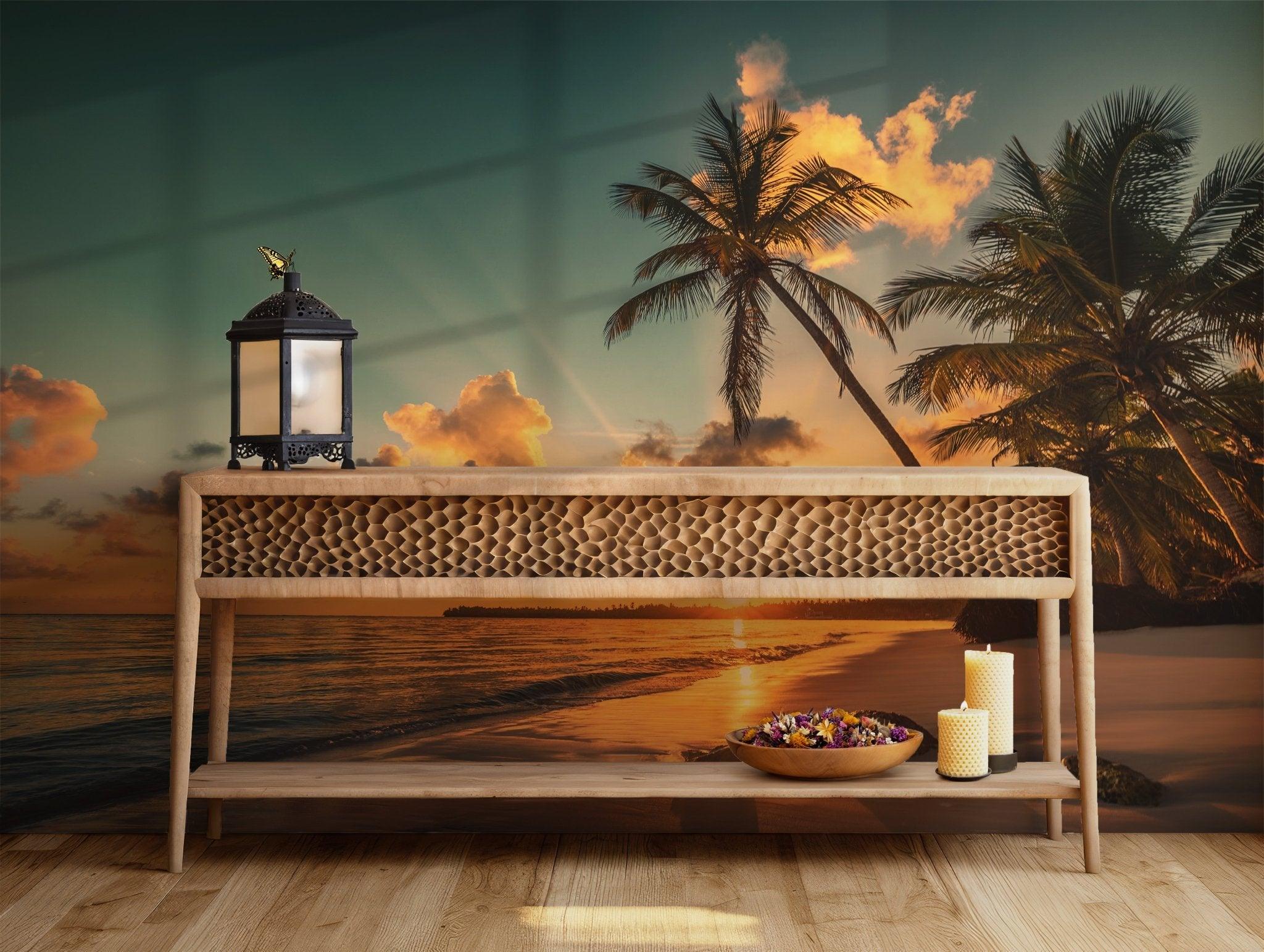 Tropical Sunset Removable Vinyl Mural - Peel and Stick Sunset wallpaper BV152