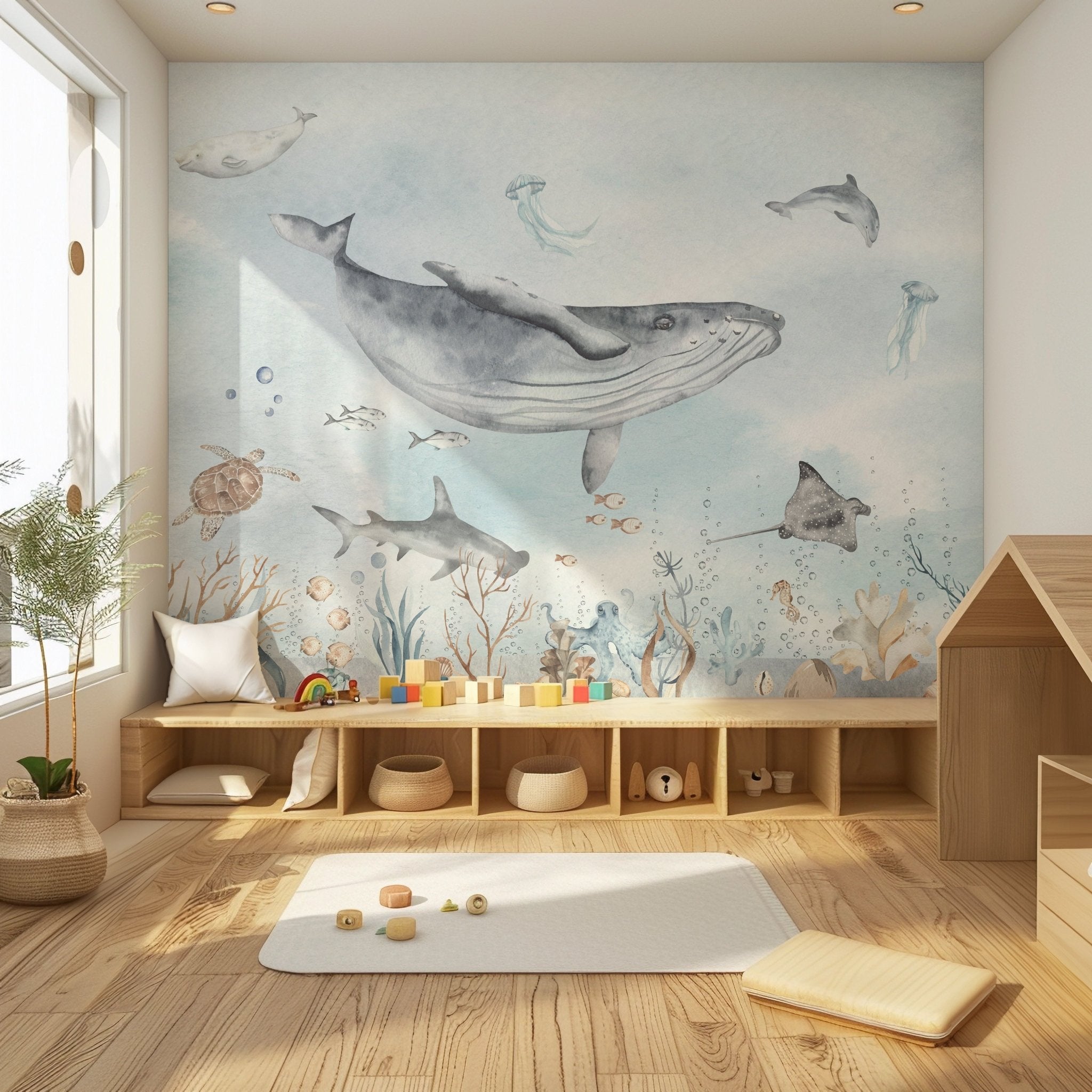 Watercolor Sea World Wall Mural - Whale Ocean Fish Shark Turtle Jellyfish - Kid Peel and Stick Wallpaper - Self Adhesive Nursery Decal BV350