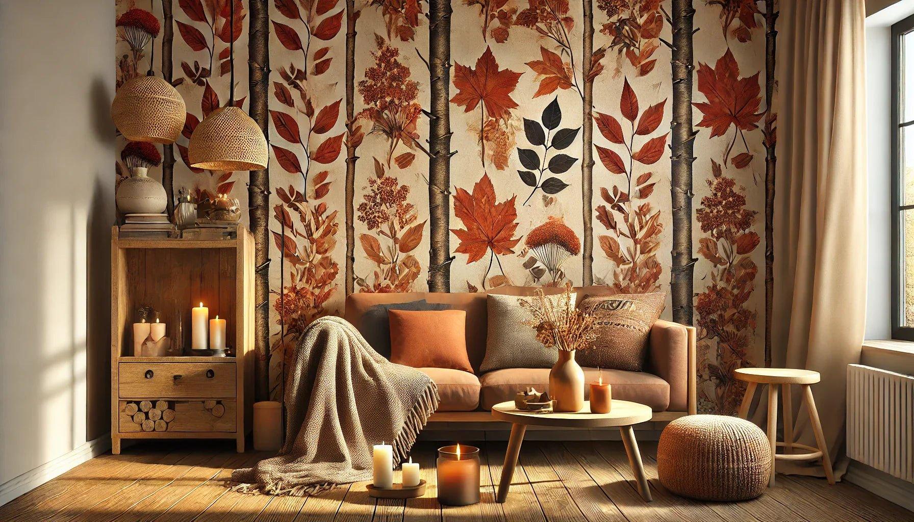 autumn-themed cozy living room featuring peel and stick wallpaper with falling leaves in warm tones