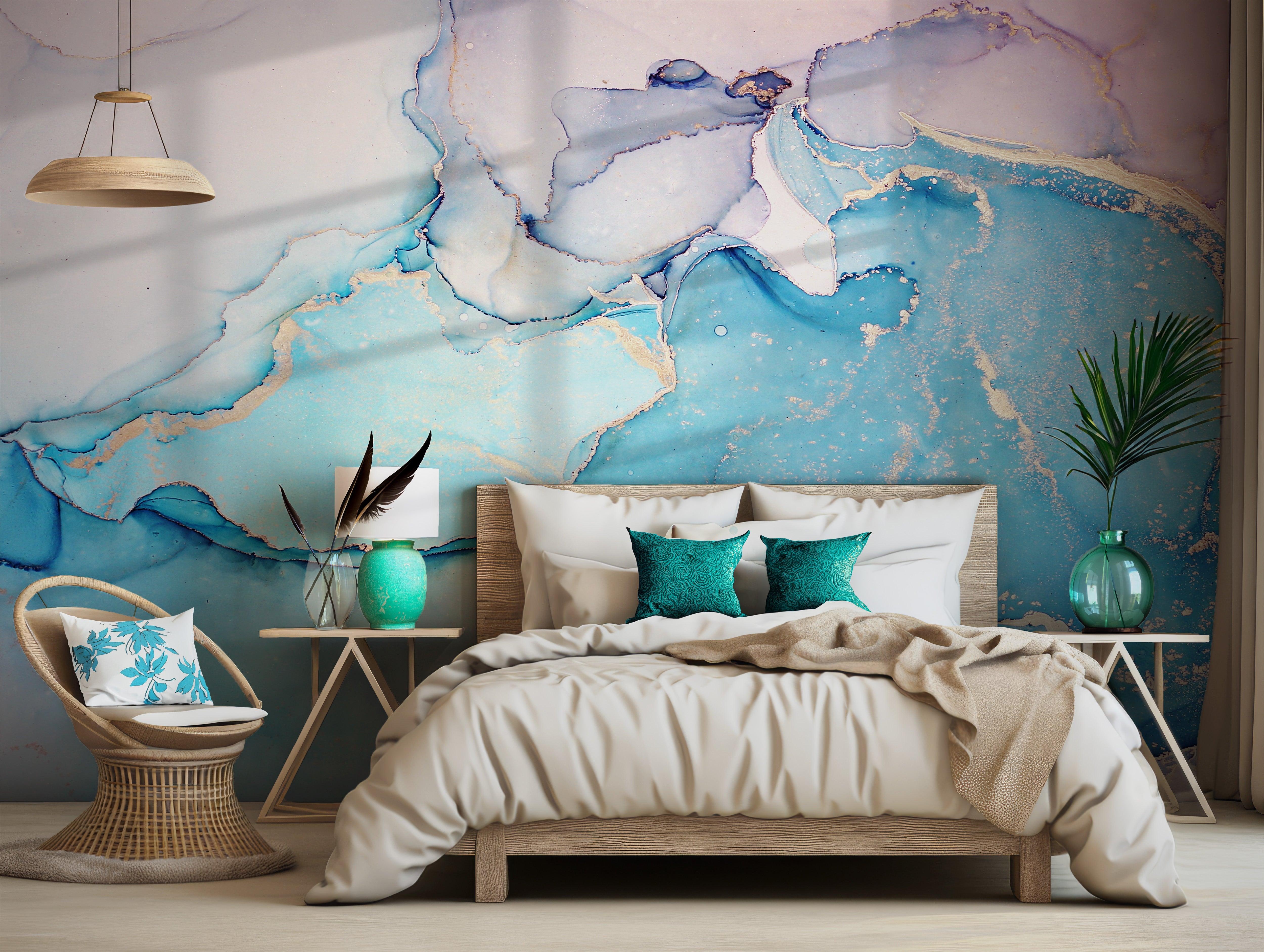 Blue Fluid Marble Wallpaper - Peel and Stick Wall Mural - Gold Accents Artistic Ink Cool Tones BV309