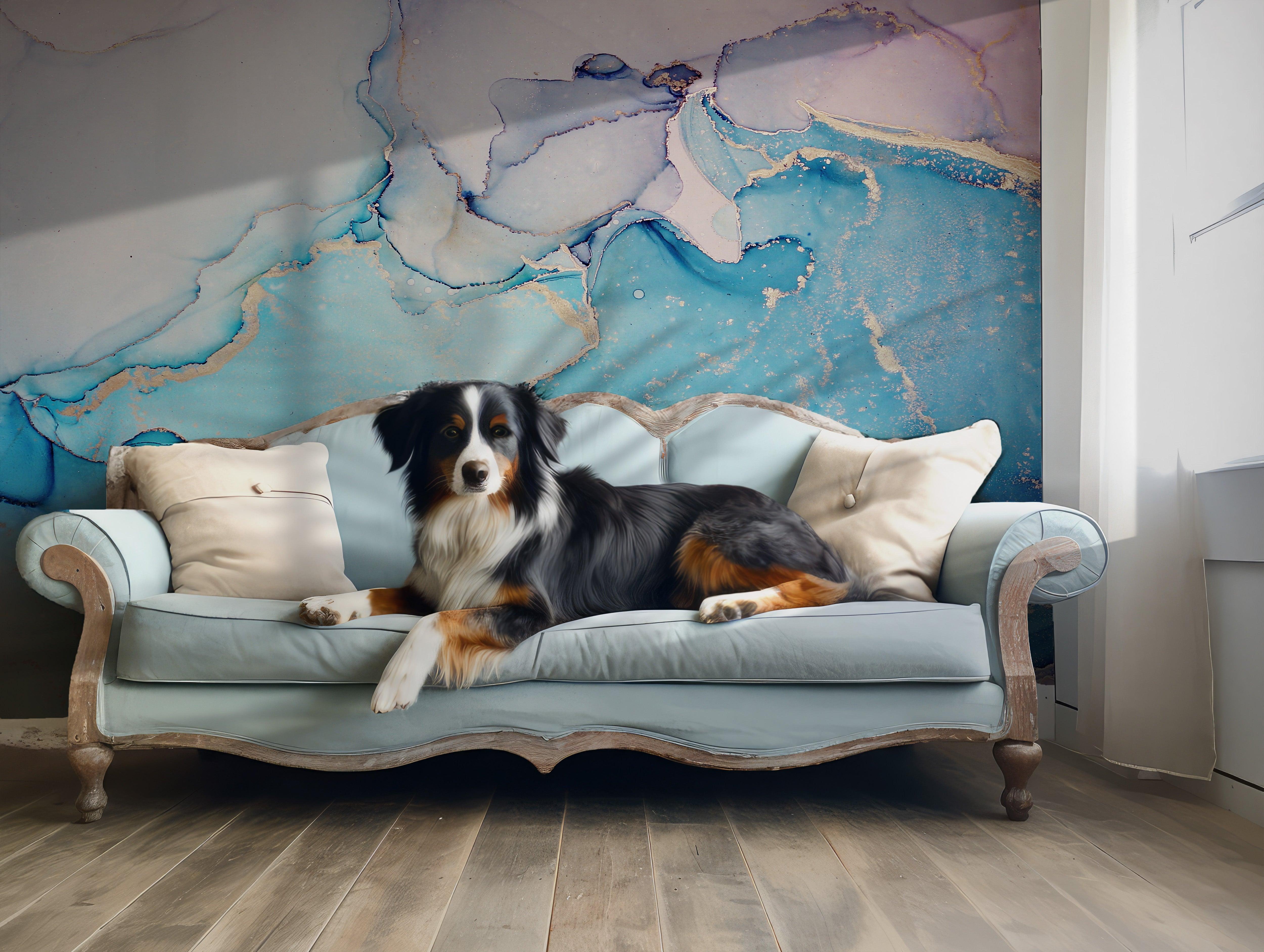 Blue Fluid Marble Wallpaper - Peel and Stick Wall Mural - Gold Accents Artistic Ink Cool Tones BV309