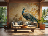 Artistic mural of a peacock with intricate feather details and floral motifs in a gold-toned backdrop.