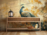 Luxurious wallpaper mural featuring a majestic peacock with gold floral accents for elegant home decor.