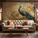 Detailed peacock mural with ornate gold and floral elements, perfect for a sophisticated wall accent.