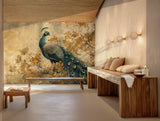 Elegant peacock design wallpaper with golden blossoms, adding luxury and charm to interiors.