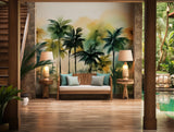 Coastal-inspired wallpaper featuring palm trees in a calming, sunset-toned watercolor style.
