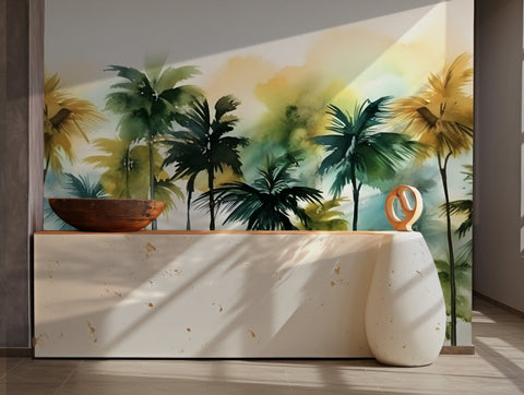 Watercolor palm tree wallpaper mural with tropical landscape and soft green hues.
