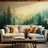 Tranquil woodland wall mural featuring foggy pines and gentle sunlight