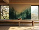 Nature-inspired forest wall decor with green pine trees and mist