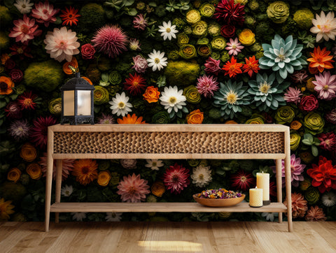 Vibrant wall mural with colorful flowers and lush green background