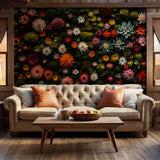 Indoor garden-inspired wallpaper featuring a mix of colorful flowers