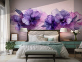 Artistic purple and lavender floral wall mural in watercolor effect