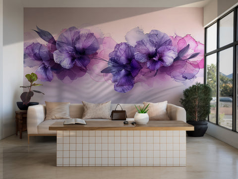 Delicate purple watercolor flowers on a soft background for wall decor