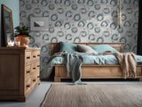 Contemporary watercolor wallpaper with blue circles and soft white flowers