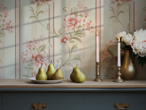 Vintage floral stripe wallpaper with pink flowers and cream background for elegant wall decor