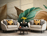 Elegant botanical wallpaper with a mix of tropical green and gold tones