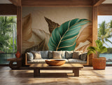 Luxurious gold-accented wallpaper with tropical leaf pattern