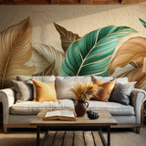 Modern wallpaper featuring large emerald and gold leaves for wall decor