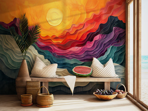 Mural Abstract Sunset Landscape Multicolor Rainbow Sky with Sun Vibrant and Modern BV122