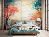 Nature-inspired wall decor with watercolor trees and soft colors