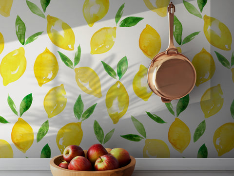 Bright lemon watercolor wallpaper with green leaves on a white background