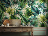 Vibrant green tropical palm leaves wallpaper for indoor jungle decor