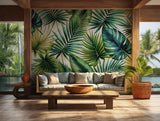 Lush green palm leaf wallpaper for a tropical wall decor theme