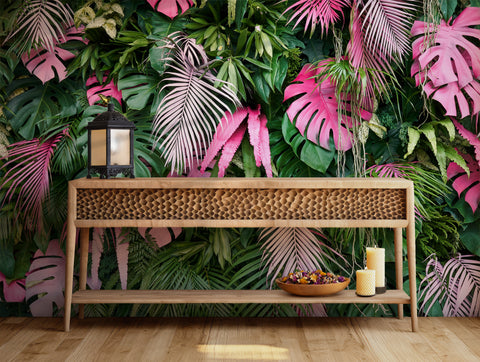 Bold pink and green tropical jungle leaves wallpaper for vibrant decor