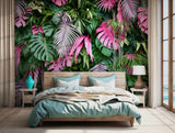 Lush monstera and palm leaves in pink and green wallpaper design