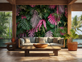 Tropical wallpaper with pink accents and green monstera leaves