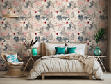 Elegant flamingo and floral wallpaper with tropical leaves and soft tones