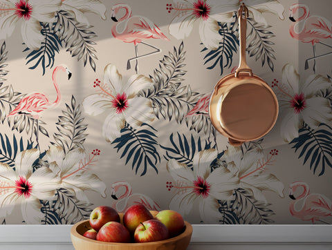 Tropical wallpaper with pink flamingos and hibiscus flowers on a neutral background