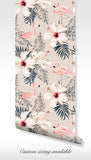 Vibrant tropical wallpaper featuring pink flamingos and hibiscus flowers