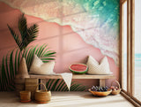 Serene coastal wallpaper with soft colors, palm leaves, and ocean waves