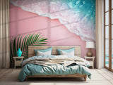 Tropical wallpaper with beach waves and green palm leaves on a pastel background