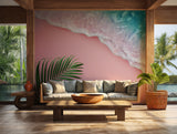 Pink and teal beach-themed wallpaper featuring tropical palm leaf