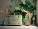 Luxurious green leaf wallpaper with golden artistic accents