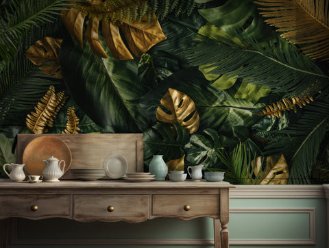 Luxurious tropical wallpaper with green leaves and gold accents