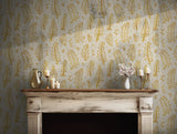 Nature-inspired wallpaper featuring gold foliage on neutral background