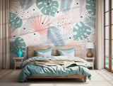 Contemporary pastel wallpaper featuring tropical leaves and abstract dots