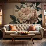 Refined flower wallpaper featuring large peonies and lush leaves