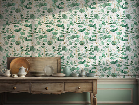 Eucalyptus leaves wallpaper with green foliage and golden accents