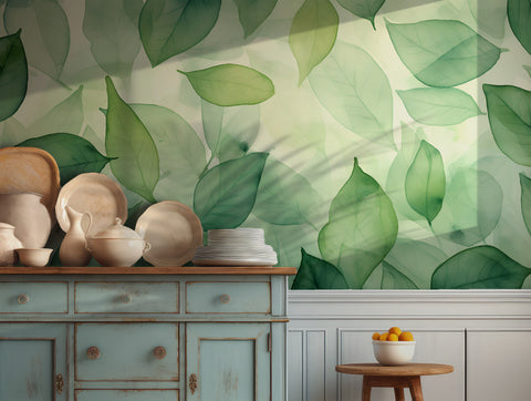 Soft watercolor leaf wallpaper in gentle green tones