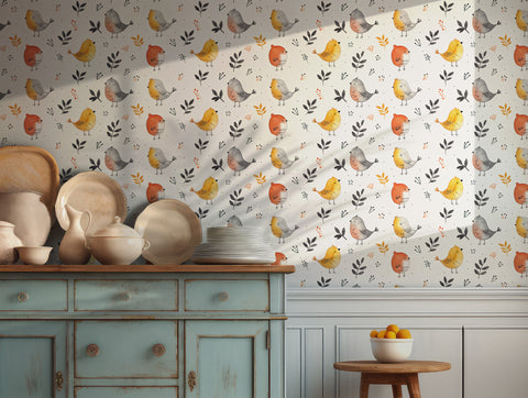 Watercolor birds and leaves pattern wallpaper for nursery decor