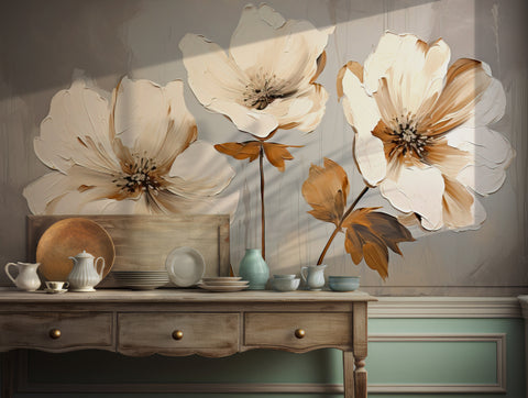 Elegant floral wallpaper with beige and brown painted flowers