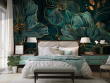 Deep teal wallpaper with golden floral accents for sophisticated spaces